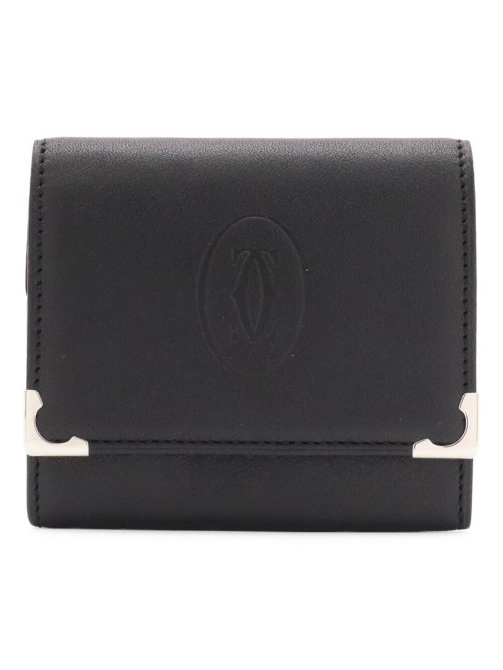 Cartier Cabochon Coin Purse Calf Leather Black Silver